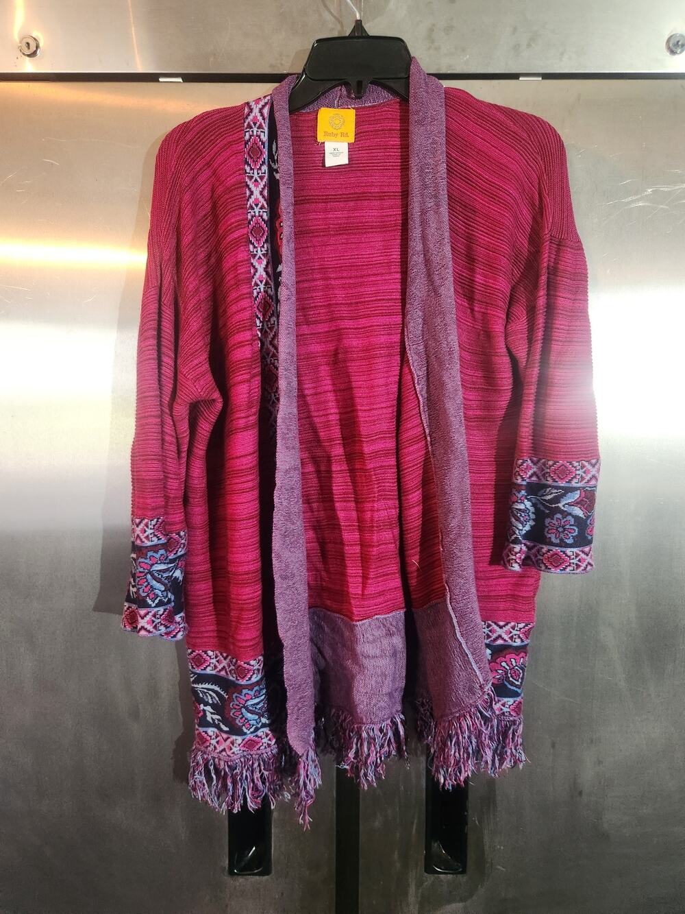 Ruby Rd Pink Open Front Boho Cardigan Fringe Trim Size XL Only 1 in stock